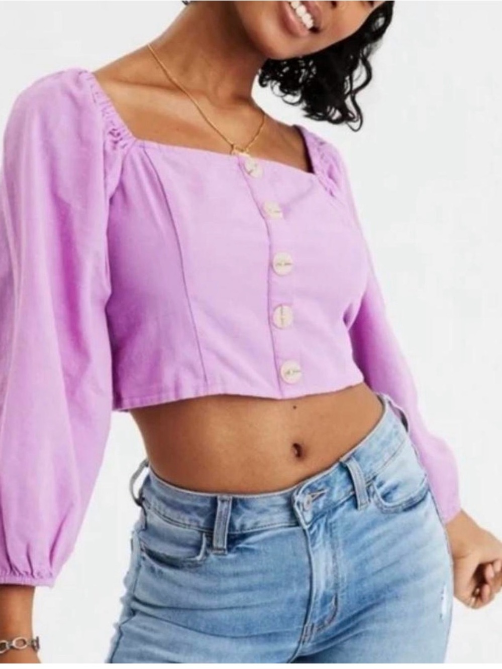 American Eagle Outfitters Lilac Square-Neck Cropped Button Top